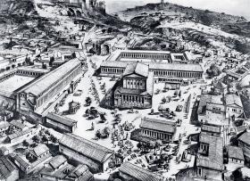 Rekonstrukcja agory ateńskiej z II w. W centrum widać Odeon Agryppy, powyżej i po jego lewej stronie zadaszone portyki, tzw. stoa.