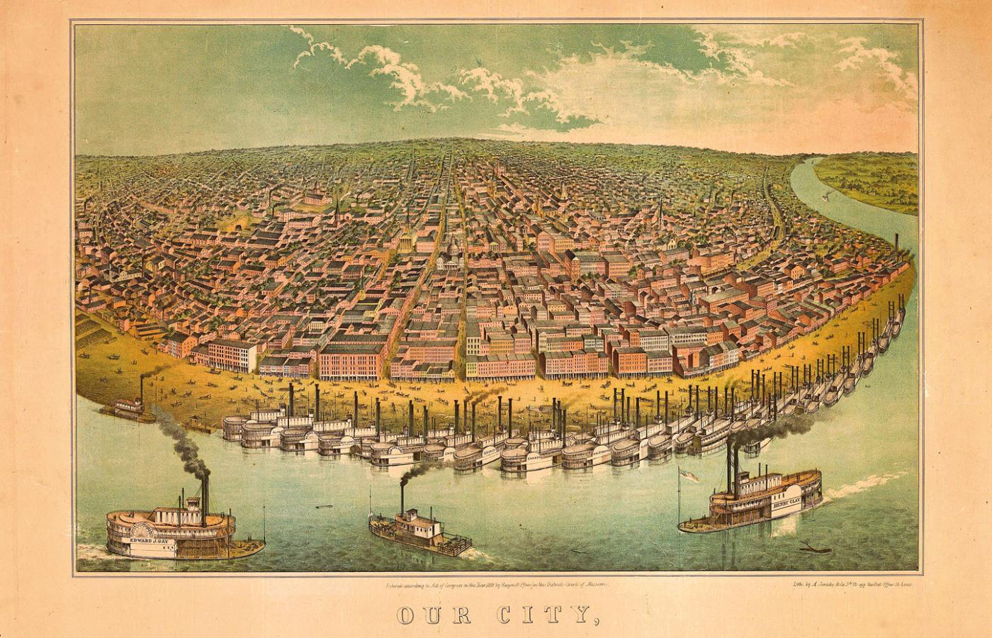 Panorama Saint Louis, bramy na amerykański Zachód; grafika z 1859 r.