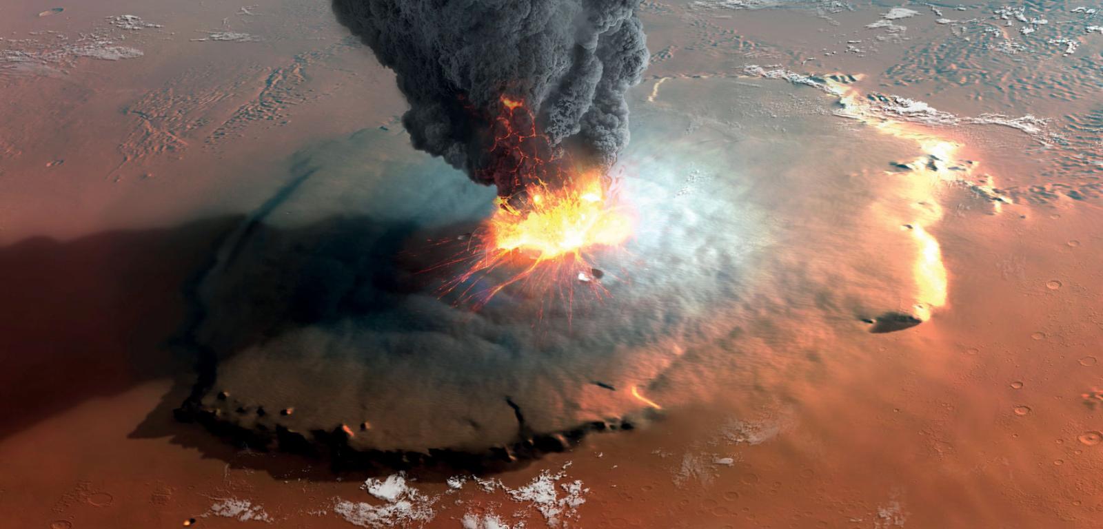 Artystyczna wizja erupcji Olympus Mons – największego wulkanu Marsa i całego Układu Słonecznego.