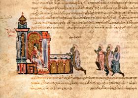 Emir Ben Zarah na audiencji u cesarza w Konstantynopolu; miniatura z kroniki Jana Skylitzesa, XI w.