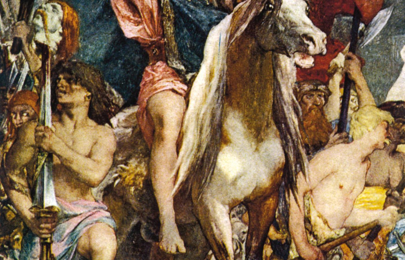 XIX-wieczny fresk „Atylla i jego armia maszerująca na Paryż”, znajdujący się we francuskim Panteonie. Malował Jules-Elie Delaunay.