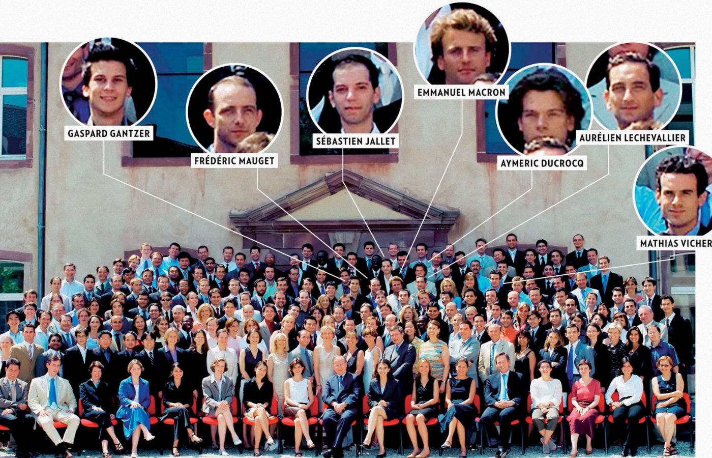 Rocznik 2004 absolwentów ENA z dzisiejszym prezydentem Emmanuelem Macronem i jego sześcioma bliskimi kolegami, rówieśnikami, z których każdy dziś zajmuje wysokie stanowisko w wielkich koncernach, bankowości i dyplomacji.