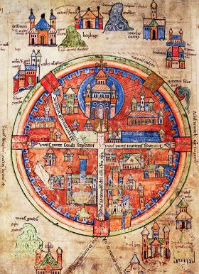 Mapa Jerozolimy z czasów pierwszej krucjaty; miniatura z książki „Historia Hierosolymitana”, XIII w.