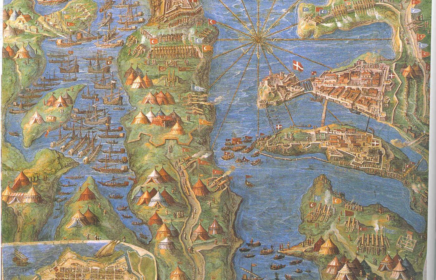 Oblężenie Malty 1565 na obrazie z epoki. Na krancu półwyspu Sciberras fort  św. Elma (w kształcie gwiazdy).
