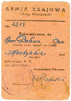 Legitymacja AK ppor. Jana Martynkina wystawiona 25 lipca 1944 r.