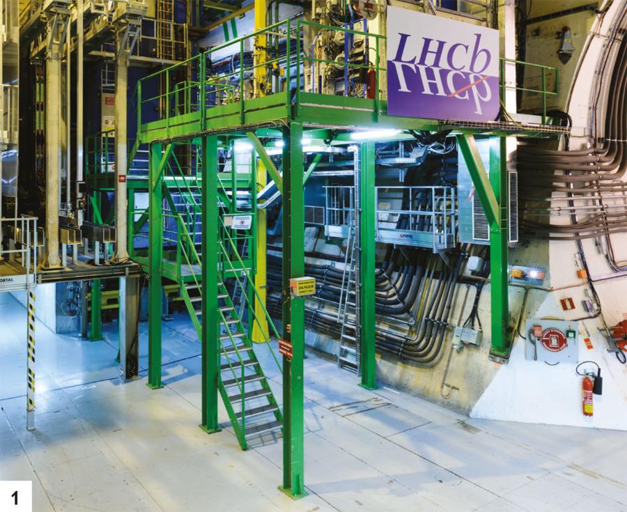 Detektor LHCb widziany z boku (1) i od dołu (2) służy do badania zderzeń protonów zachodzących w rurze prowadzącej wiązki (3). Przebieg eksperymentu jest nadzorowany przez fizyków pracujących w sterowni (4). Komputery (5) wstępnie oceniają dane i wybierają reakcje, które zostaną zapisane w celu dalszej analizy. Zderzenia zachodzą wewnątrz precyzyjnego detektora VELO (Vertex Locator), który dzięki zastosowaniu czujników krzemowych (6) rozpoznaje cząstki piękne.