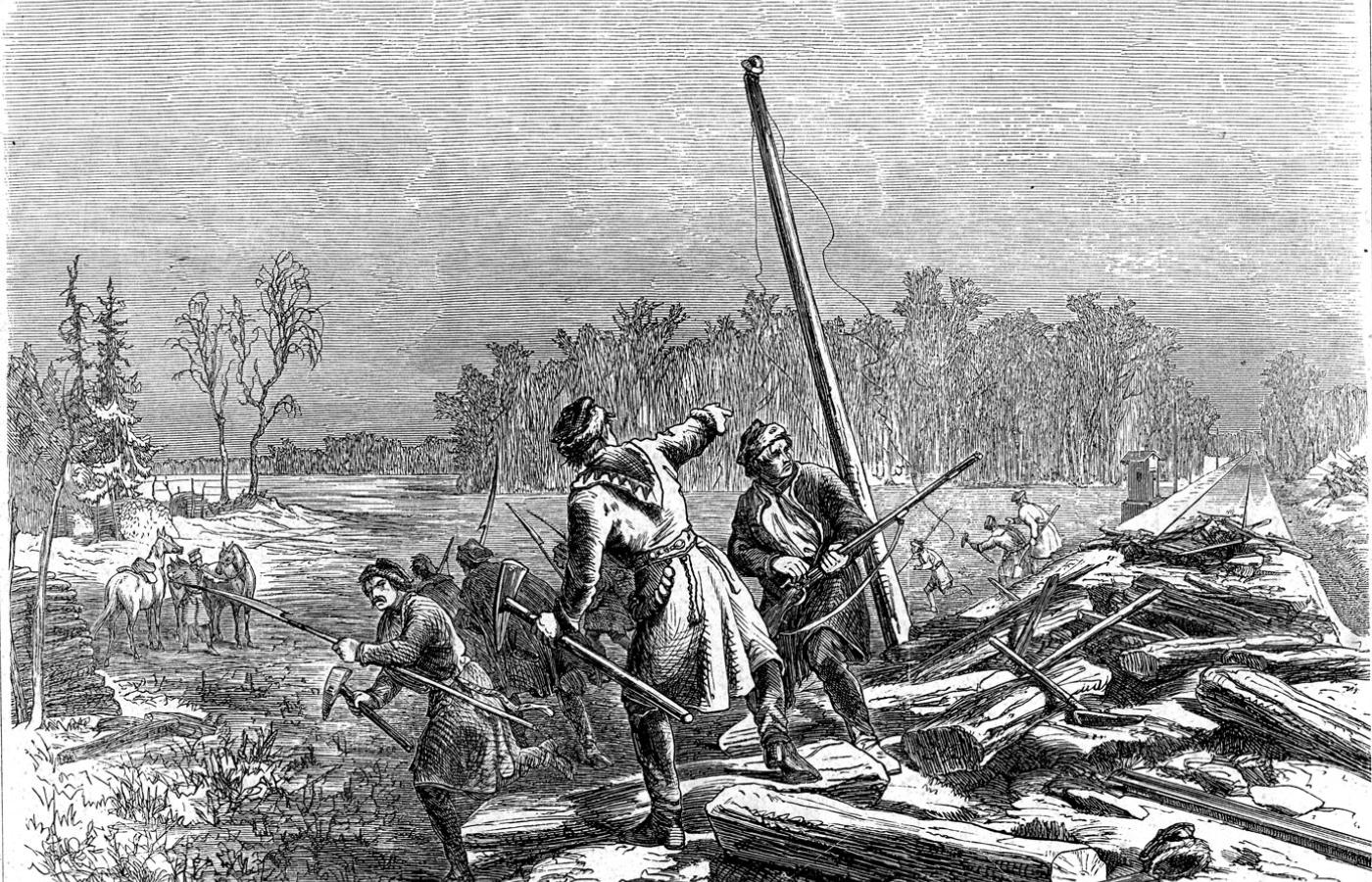 Niszczenie torów Wiedenki podczas powstania styczniowego, drzeworyt Franciszka Grzybowskiego z 1863 r.