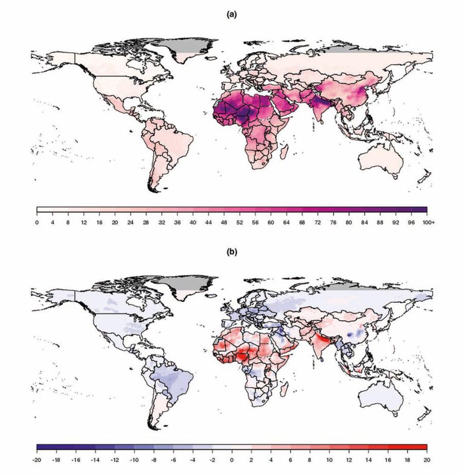 Mapa ­skażenia powietrza na świecie ­pyłem PM2,5 w 2016 r. (górne) oraz zmiany ­stężeń w latach 2010– 2016 (­dolne). Zastosowane jednostki to µg/m3.