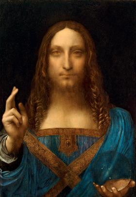 Leonardo da Vinci „Salvator Mundi” (Chrystus jako Zbawiciel Świata), ok. 1499 r. i później, technika olejna na desce orzechowej, 65,5 × 54,1 cm, własność prywatna.