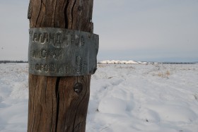 To już współczesny słup graniczny, a nie nagrobek zesłańca. Reporterów i turystów zwodzi ta sama co w łagrach technika wykonania napisu: jest wykłuty w blasze.