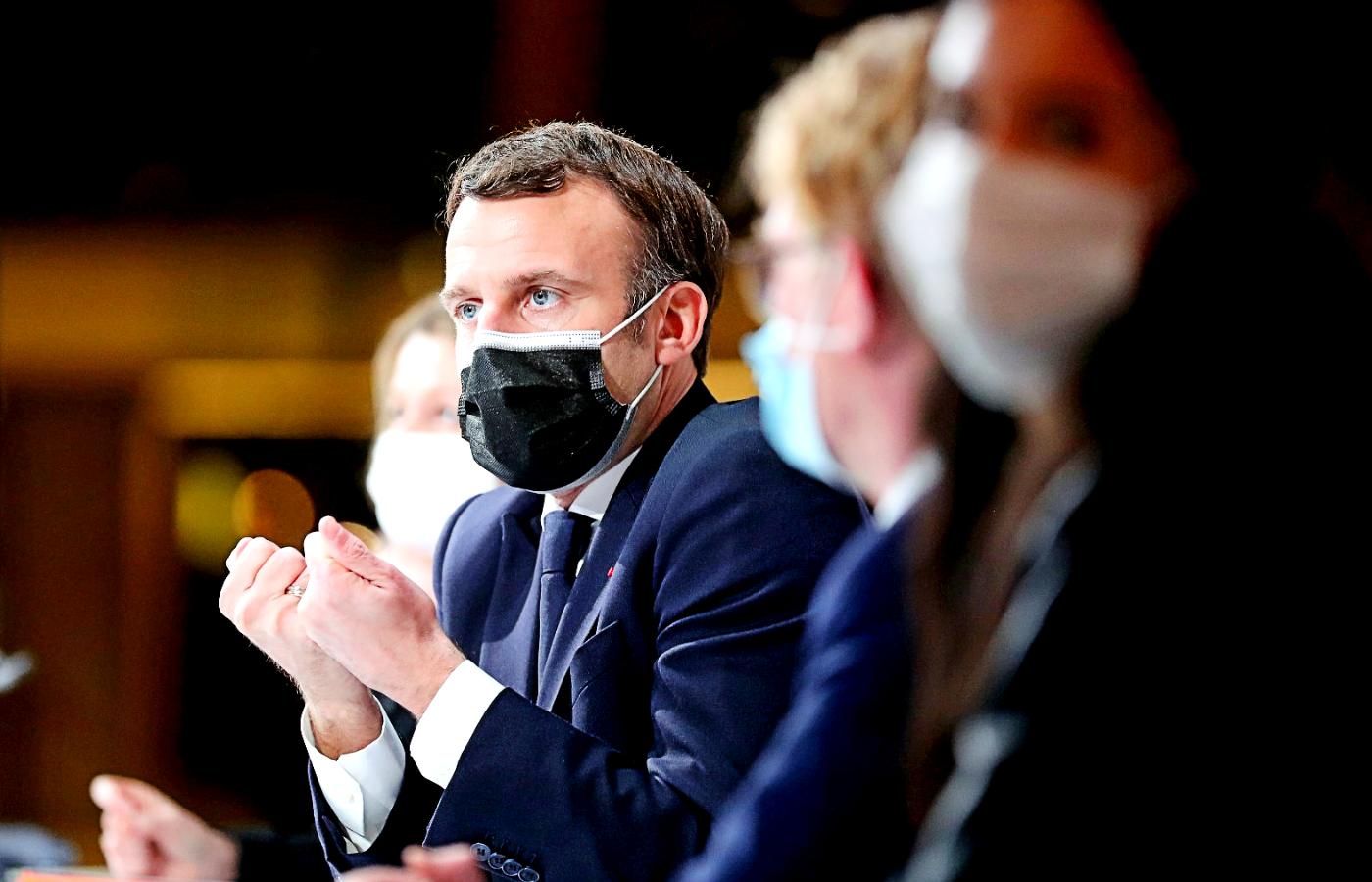 Prezydent Francji Emmanuel Macron podczas posiedzenia panelu obywatelskiego ds. klimatu w grudniu 2020 r.
