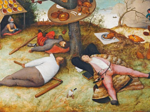 Kraina szczęśliwości, obraz Petera Bruegla, XVI w. Wokół stołu z resztkami jedzenia gnuśnieją szlachetnie urodzony rycerz (jego giermek jest z lewej strony obrazu), wieśniak i uczony.