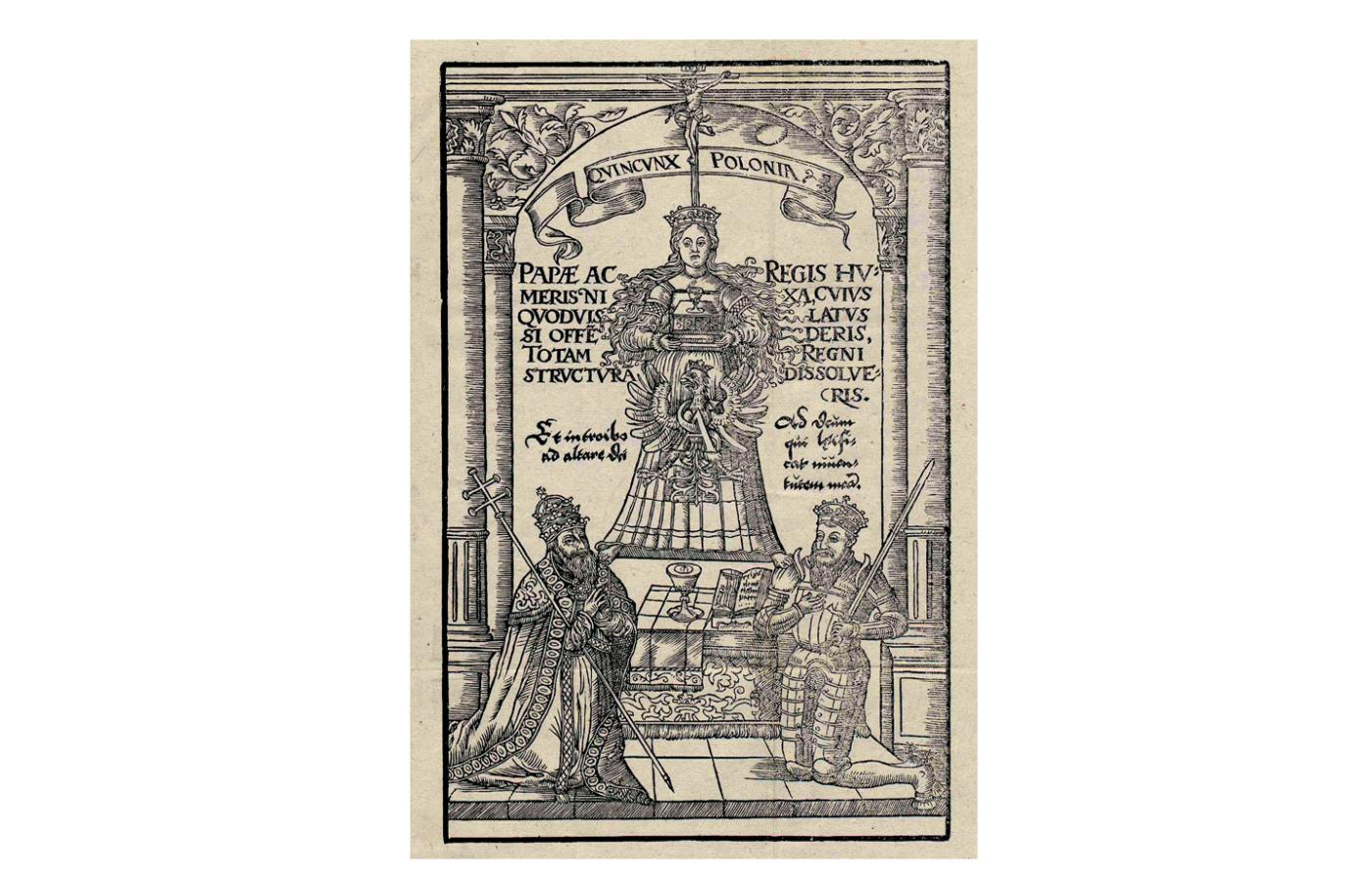 Alegoria Królestwa Polskiego, drzeworyt z pracy Stanisława Orzechowskiego „Quincunx to jest wzór Korony Polskiej na cynku wystawiony…”, Kraków, 1564 r.
