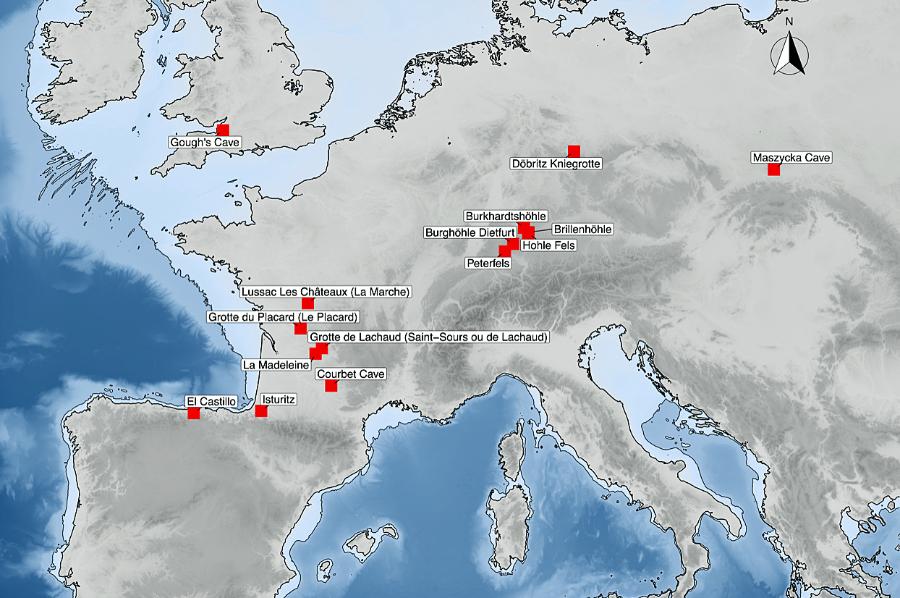 Mapa stanowisk magdaleńskich, na których kanibalizm został zidentyfikowany jako zachowanie pogrzebowe.