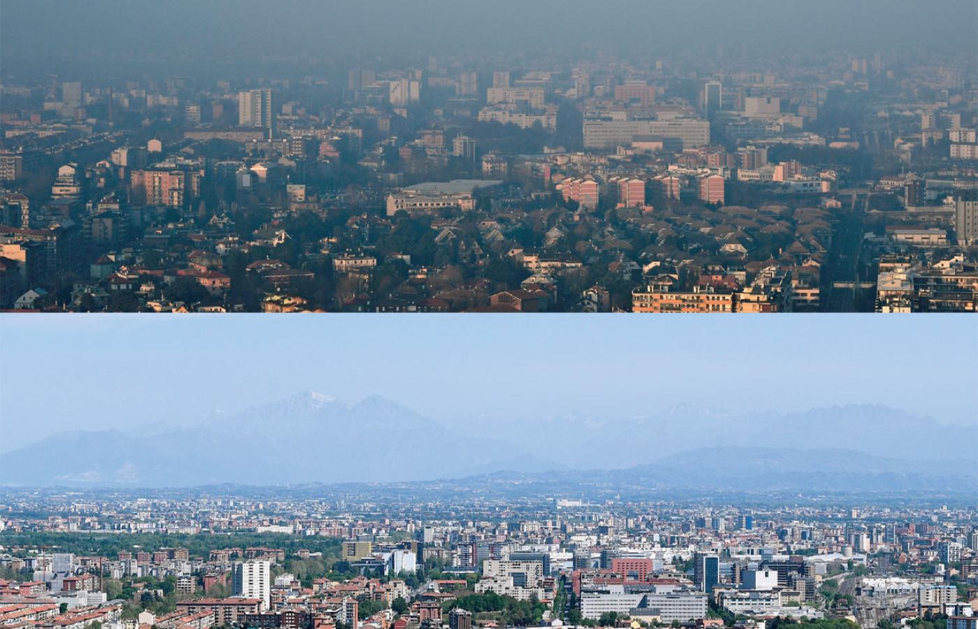 Oto jak lockdown poprawił przejrzystość powietrza. Na zdjęciach Mediolan w styczniu i w połowie kwietnia.