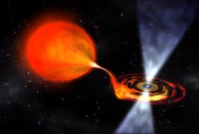 Dysk akrecyjny. Powstaje, gdy zjonizowana materia (np z pobliskiej gwiazdy) opada na gwiazdę neutronową lub czarną dziurę. Dyski emitują błyski promieniowania X i tzw. dżety - skolimowane przez pole magnetyczne strumienie uciekającej materii.