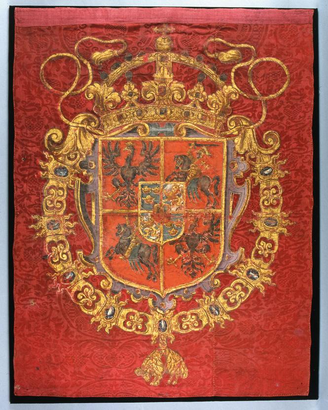 Chorągiew z herbem Polski i Litwy oraz tarczą herbową Wazów używana na dworze Zygmunta III.