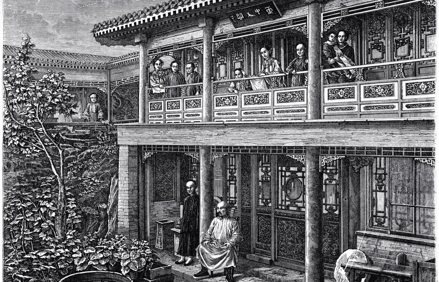 Tradycyjny chiński dom. Ilustracja z 1884 r.