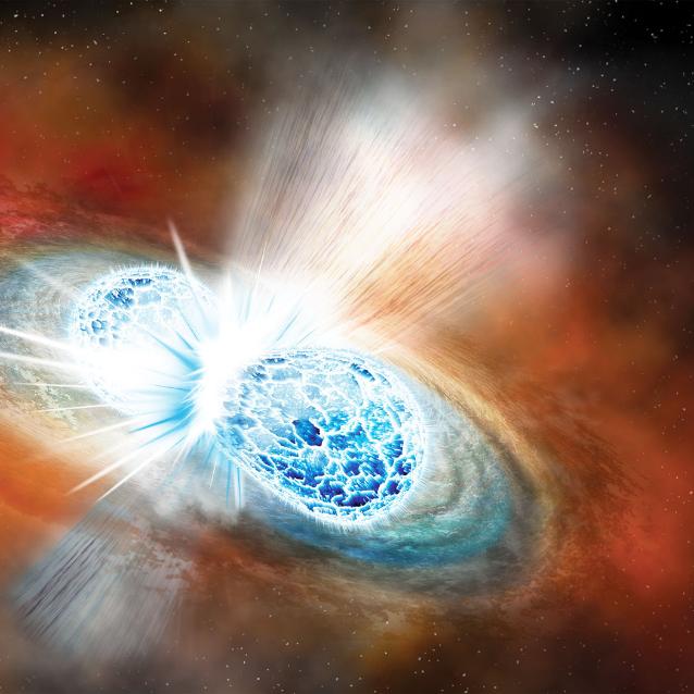 Artystyczna koncepcja zderzenia gwiazd neutronowych, w którym powstają wielorakie sygnały, obecnie możliwe do wychwycenia przez astronomów.