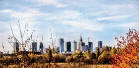 Widok z wału wiślanego w kierunku centrum Warszawy. Była wieś Siekierki z ulicą Polską kryją się wśród roślinności.