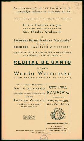 Zaproszenie na koncert z okazji rocznicy Konstytucji 3 maja, organizowany przez Stowarzyszenie Polsko-Brazylijskie im. Tadeusza Kościuszki, 1934 r.