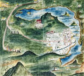 Hiszpańska mapa okolic jez. Pátzcuaro w Meksyku, z zaznaczonymi kopalniami srebra, motoru kolumbiańskiej wymiany, XVIII w.