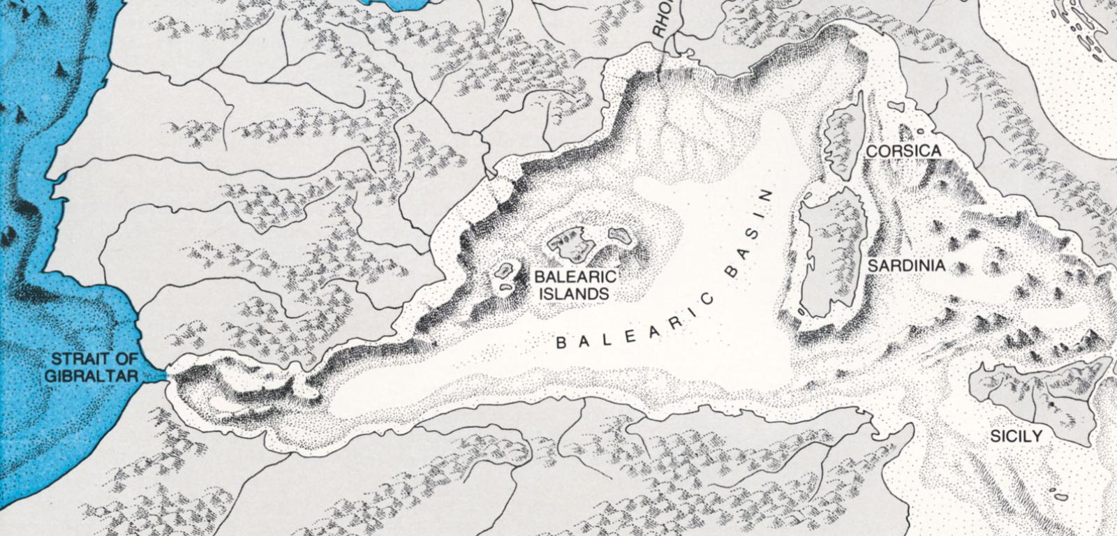 1972, pustynne morze: „Morze Śródziemne przed 6 mln lat musiało wyglądać mniej więcej tak, jak na tej mapie, gdy zamiast wody była tu olbrzymia pustynia położona ponad 3 km poniżej poziomu oceanu. Około 5,5 mln lat temu Atlantyk wlał się do tego olbrzymiego basenu poprzez Cieśninę Gibraltarską, w której utworzył się gigantyczny wodospad. W ciągu kilku tysięcy lat śródziemnomorska wanna wypełniła się wodą po same brzegi”.