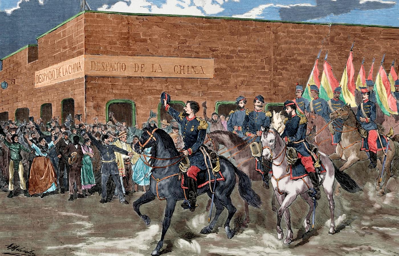 Boliwijskie wojska wkraczają do chilijskiego Iquique podczas tzw. wojny o Pacyfik (saletrę, 1889-94); grafika z XIX w.