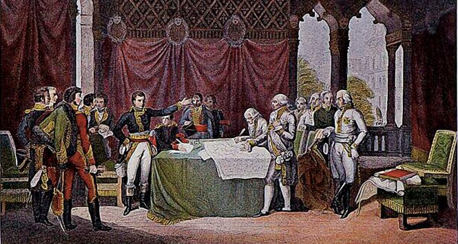 Rokowania dyplomatyczne, preliminaria pokojowe w Leoben, 1797 r., grawiura z epoki.