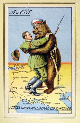 Francuska karykatura: Hitler i niedźwiedź symbolizujący ZSRR – nieposkromionego towarzysza.