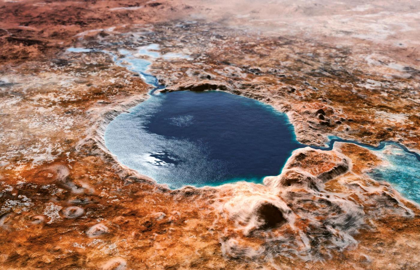 Przypuszczalny wygląd zbiornika wodnego w kraterze Jezero. Rzeka po lewej u góry to Neretwa; po prawej u dołu to Pliva.