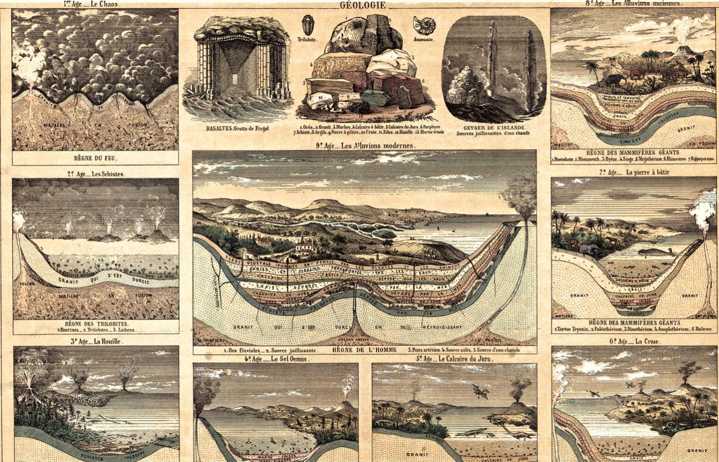 Grafiki poświęcone geologii z wydawnictwa „Les Récréations Instructives” Jules Delbrück, 1865 r.