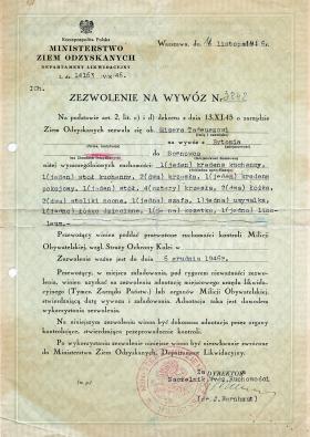 Zezwolenie na wywóz mebli wystawione przez Departament Likwidacyjny Ministerstwa ZiemOdzyskanych, 1946 r.