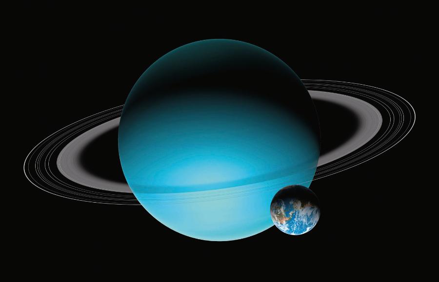 Porównanie rozmiarów Urana i Ziemi. Uran składa się głównie z wodoru i helu z dużą ilością zamrożonych substancji takich jak woda, metan czy amoniak.