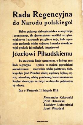 Odezwa Rady Regencyjnej o przekazaniu władzy wojskowej Józefowi Piłsudskiemu, 11 listopada 1918 r.