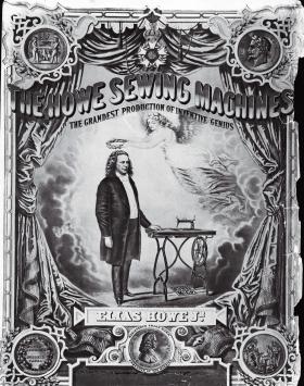 Ellias Howe na afiszu reklamującym jego wynalazek - maszynę do szycia, 1860 r.