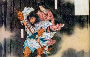 Izanami i Izanagi tworzą pierwszą wyspę Onogoro; ilustracja z ok. 1870 r.