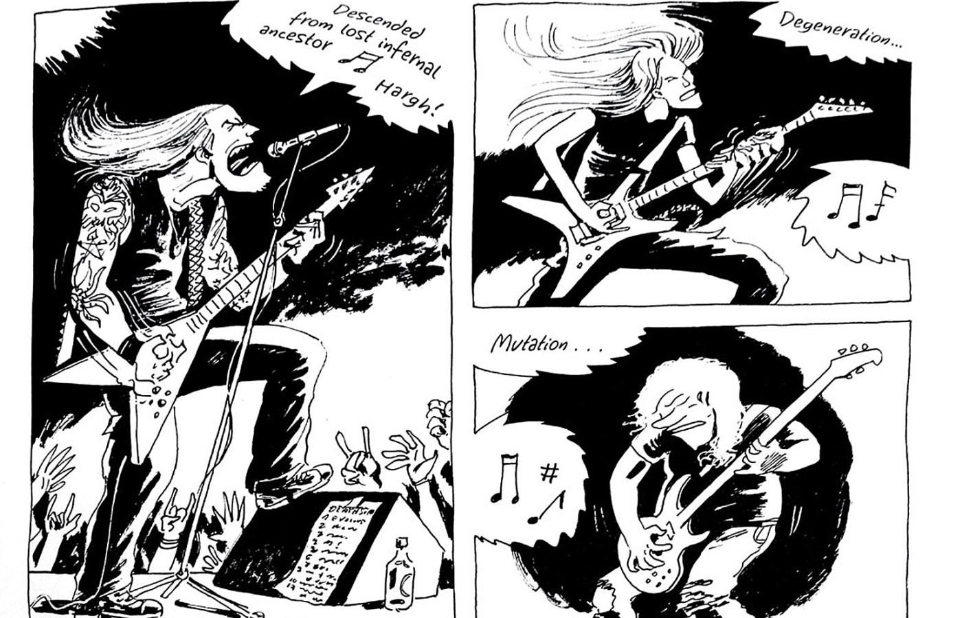 Kadry z komiksu Krzysztofa Owedyka „Będziesz się smażyć w piekle” opowiadającego o polskich metalowcach