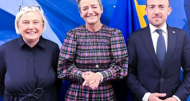 Prof. Marzena Czarnecka, komisarz UE Margrethe Vestager i minister Borys Budka, 5 lutego 2024 r.