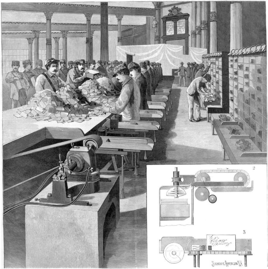 1896: Do sortowana przesyłek pocztowych potrzebna jest właściwa organizacja, ludzka praca i kilka maszyn.