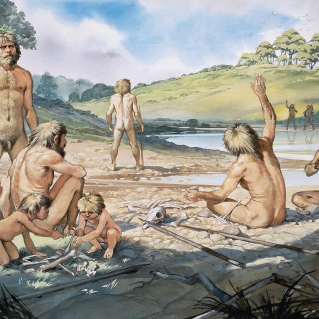 Grupa neandertalczyków obozujących nad Tamizą na południu Wielkiej Brytanii (wizja artystyczna).