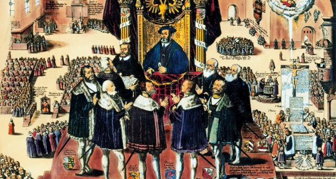 Sejm Rzeszy w Augsburgu w 1530 r. Cesarz Karol V usiłował wówczas doprowadzić do zgody między Kościołem i Lutrem; rycina z 1630 r.