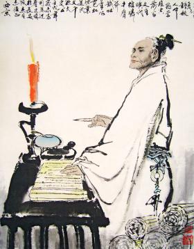 Sima Qian (145-86? p-.n.e.), ojciec chińskiej historiografii, autor pierwszej wielotomowej historii Chin Shiji. Widoczne zwoje ksiąg pisanych na deszczułkach bambusowych. Ilustracja współczesna.