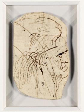 Leonardo da Vinci, szkic kostiumu: nakrycie głowy, pióro i tusz na papierze, 6,3 × 4,2 cm, ok. 1496 r., Royal Library, Windsor Castle.