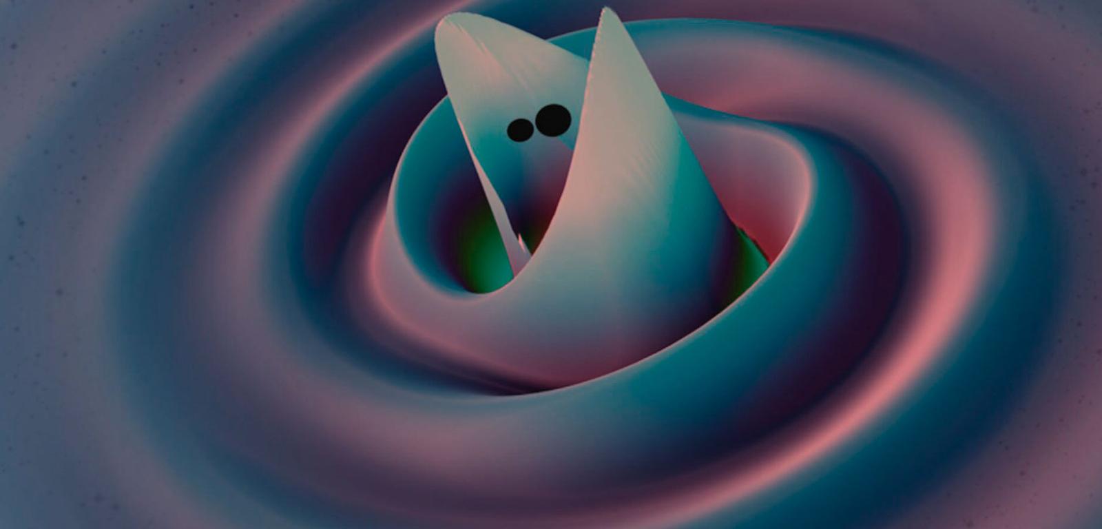 Wizualizacja fal grawitacyjnych emitowanych przez zlewające się czarne dziury.