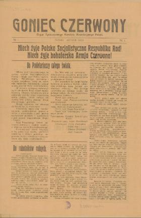 „Goniec Czerwony”, gazeta wydawana przez Tymczasowy Komitet Rewolucyjny Polski. Wydanie z 7 sierpnia 1920 r. Ze zbiorów Biblioteki Narodowej