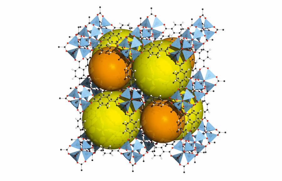 Szkielety metaloorganiczne zbudowane są z cząsteczek organicznych wiążących jony metali dzięki obecności grup funkcyjnych. Na żółto i pomarańczowo zaznaczono puste przestrzenie w przykładowym szkielecie.