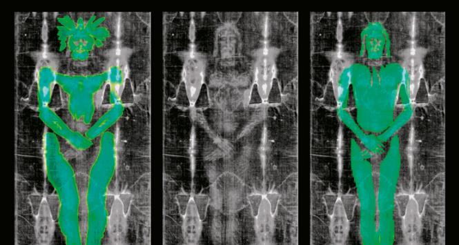 Cicero Moraes twierdzi, że ślad na całunie (B) to nie odcisk ciała (A), lecz płaskorzeźby (C).