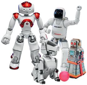 Roboty, jeden z wyznaczników japońskiej innowacyjności; od tych z lat 60. (poniżej), po najnowsze (ten pierwszy od lewej, interaktywny, witał gości podczas uroczystego otwarcia Laboratorium Innowacji w Bibliotece Camp Foster na Okinawie, w listopadzie 2018 r.).