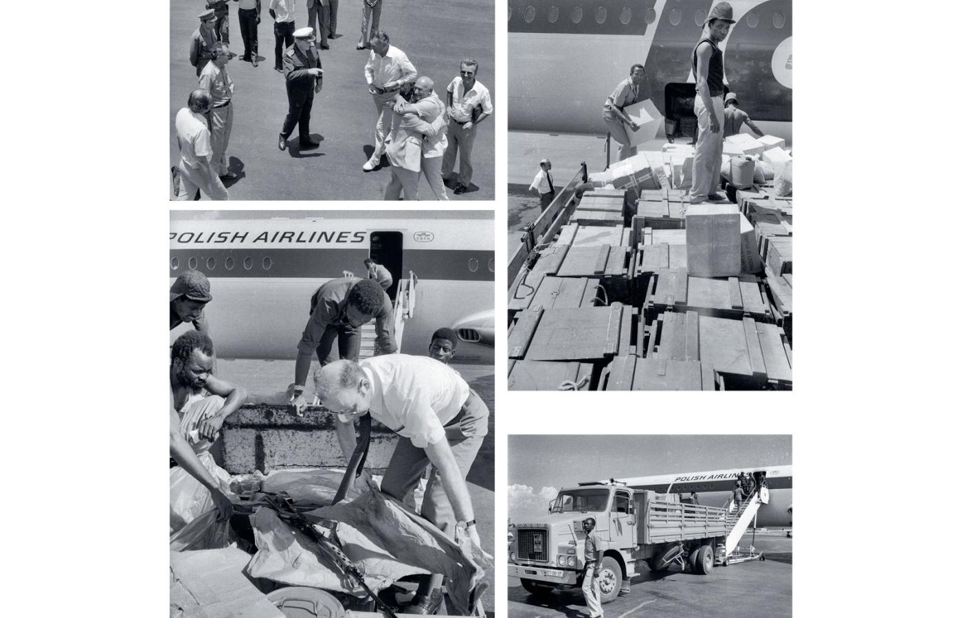 Wyładunek transportu broni dla SWAPO (Organizacji Ludu Afryki Południowo-Zachodniej) z samolotu PLL Lot na lotnisku w Luandzie, stolicy Angoli, 1979 r.